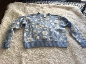 francesca's Light Blue and White Floral Fuzzy Knit Crewneck Sweater